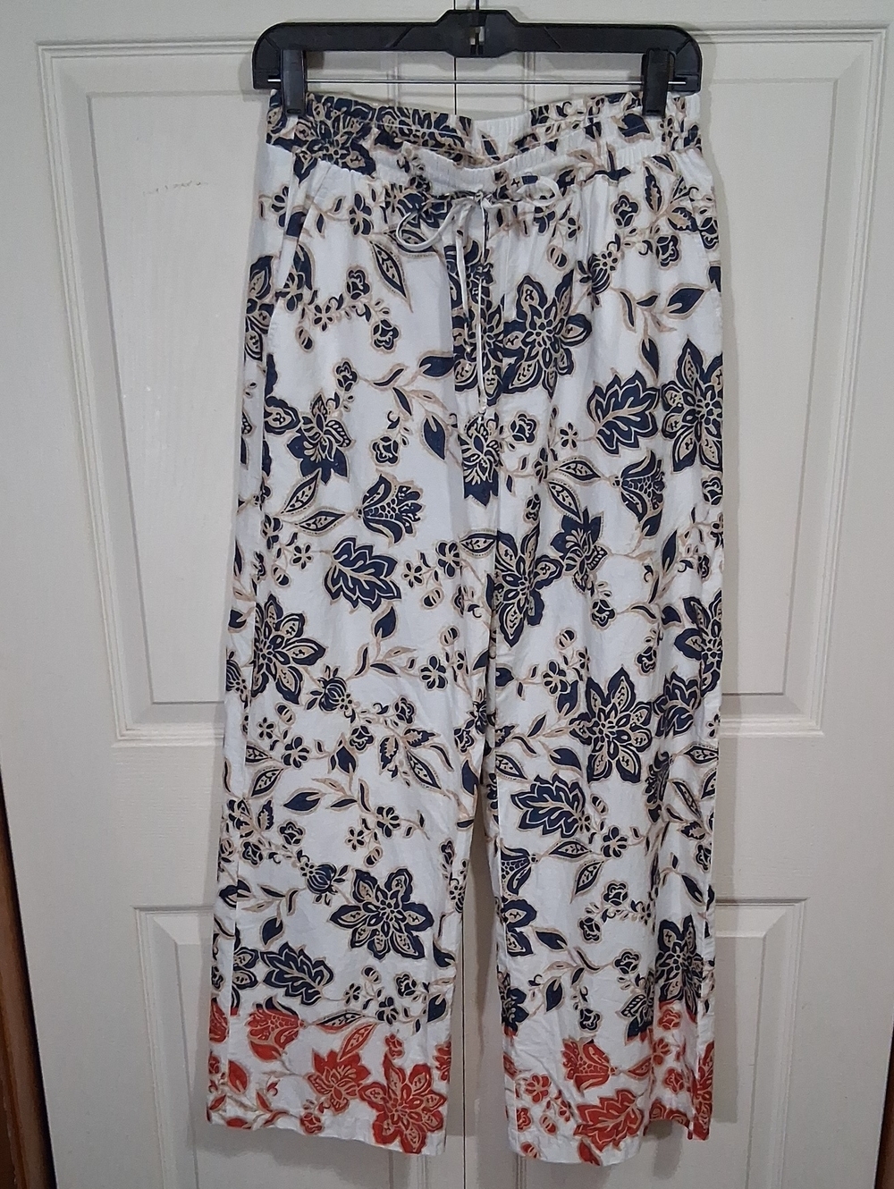 Karen Kane Wide-Leg Palazzo Pants - Navy Tan Orange White Floral -S - Drawstring